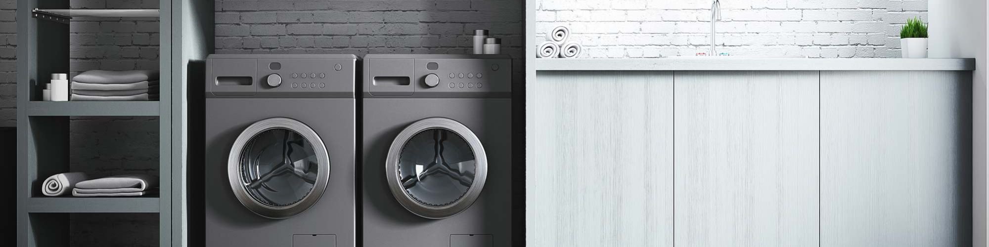 modern laundry room with grey washer and dryer combo